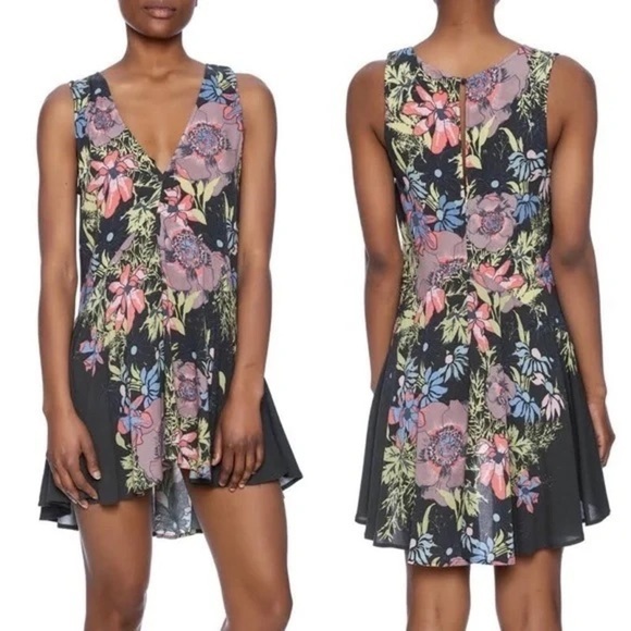 Free People Gray Multi Backyard Floral V-Neck Tunic Top Mini Dress Size Small - Picture 1 of 8
